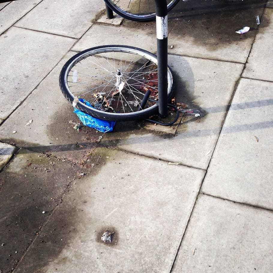 white bike wheel and tire on concrete pavement, stolen, cycle HD wallpaper