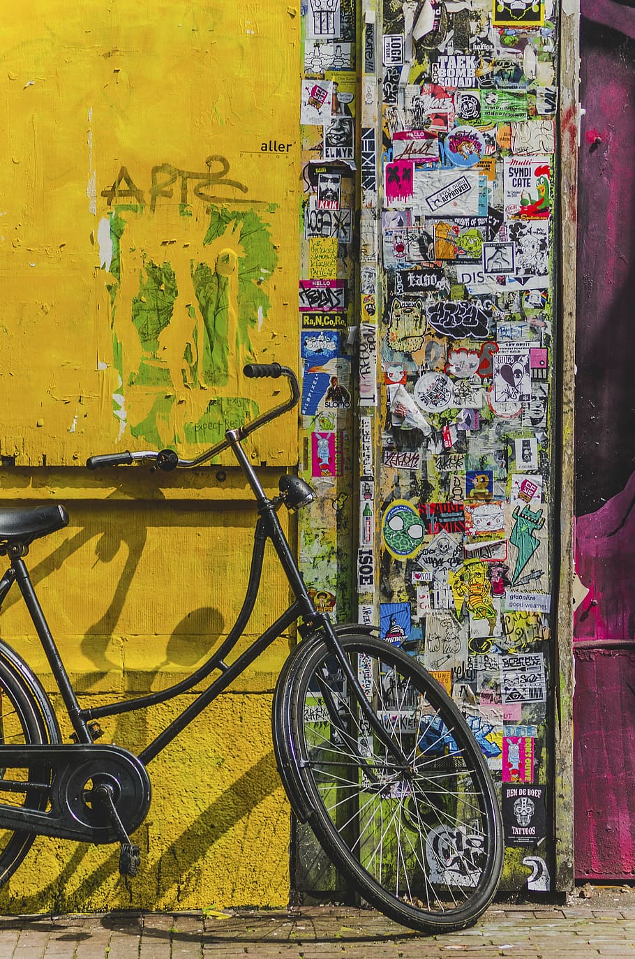 black cruiser bicycle parked near door, bike, aesthetic, stickers