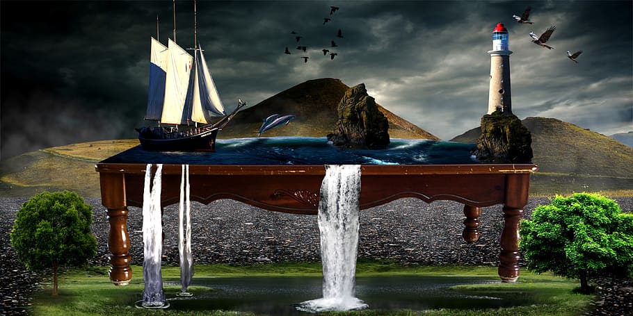 sea, ocean, table, coffee table, waterfalls, fantasy, lighthouse HD wallpaper