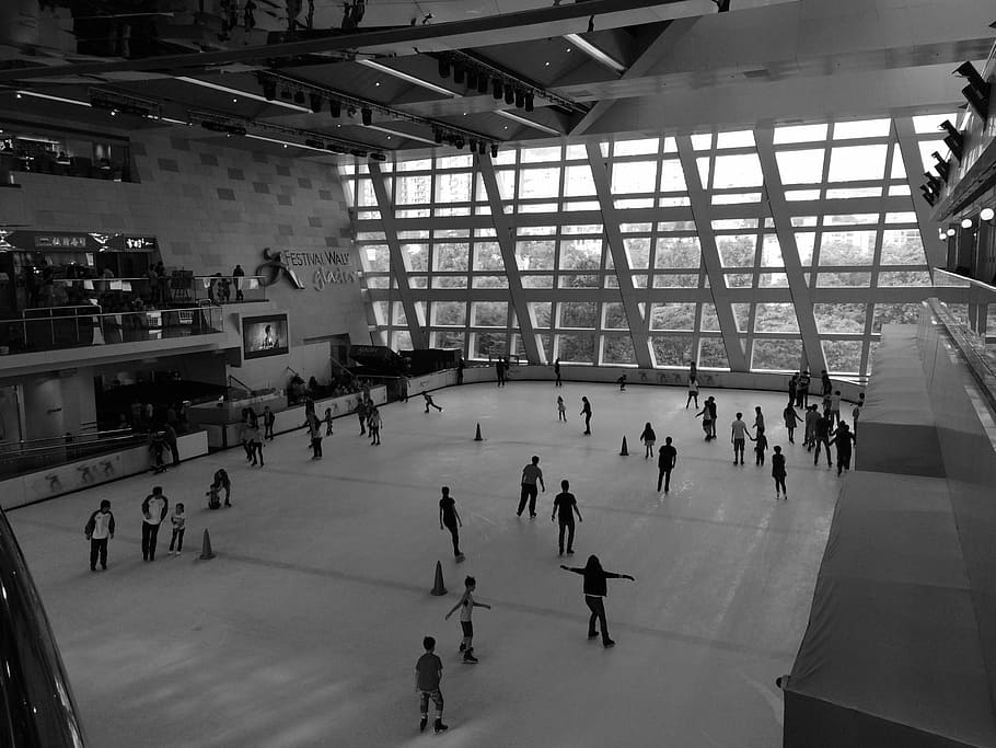 people standing ice skate ring, grayscale, photo, skating, rink, HD wallpaper