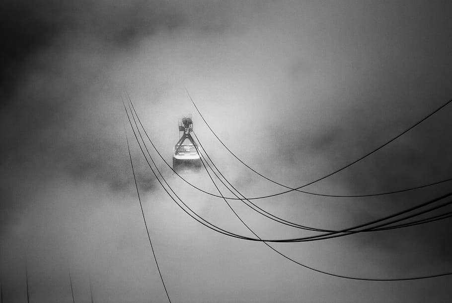 grayscale photo of cable car in the midst of clouds, foggy cable car HD wallpaper