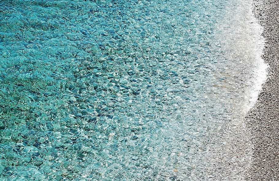 sea, beach, pebble beach, water, blue, greece, day, high angle view HD wallpaper