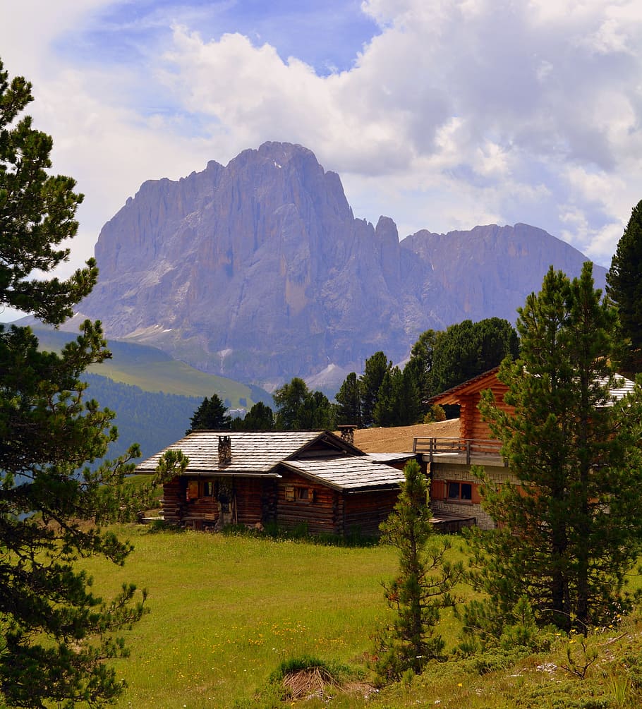baita, dolomites, prato, rock, italy, refuge, clouds, sky, landscape HD wallpaper