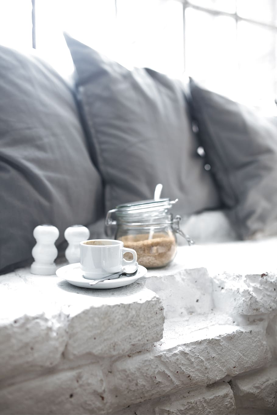 clear glass mason jar with white ceramic cup on saucer, coffee HD wallpaper