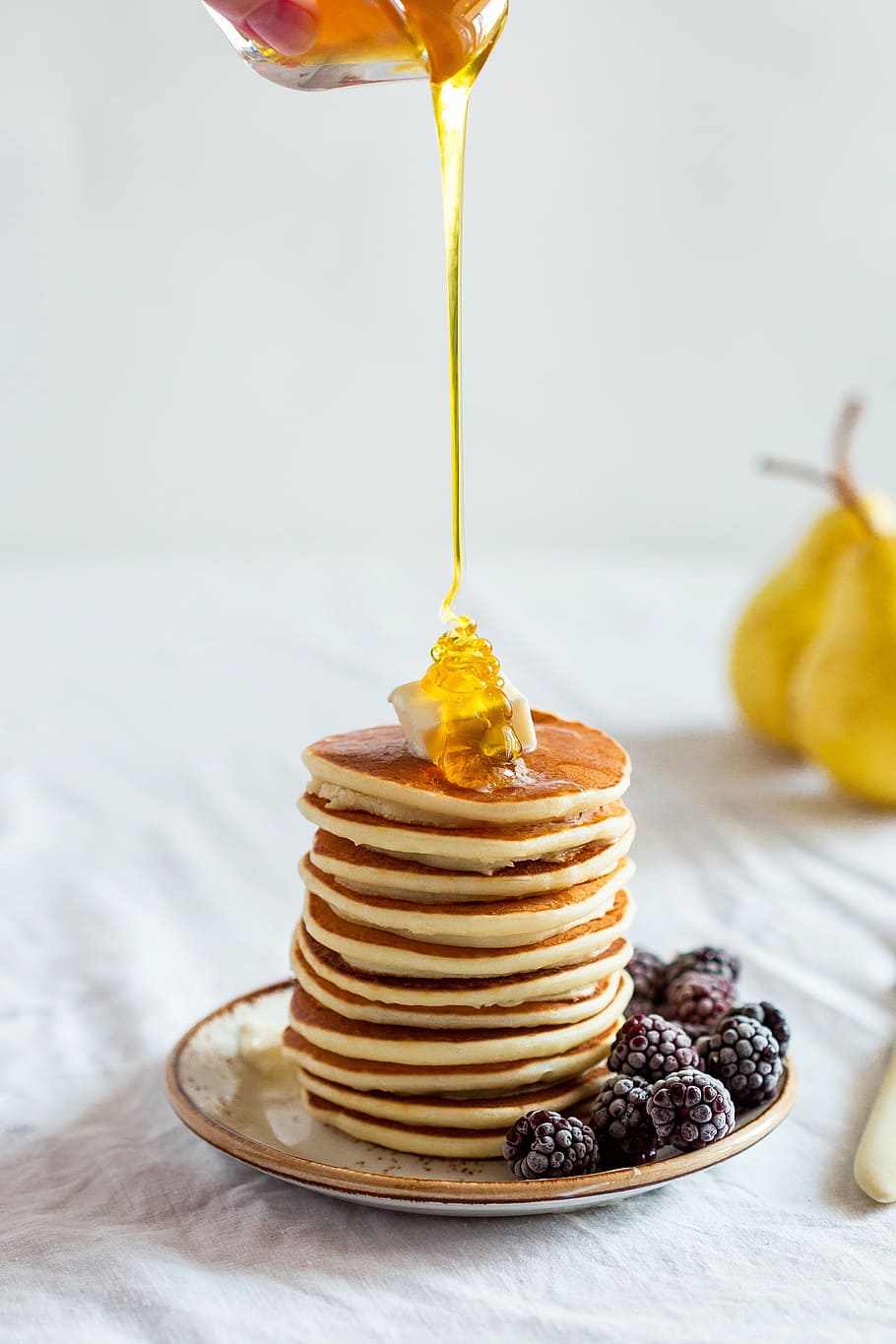 honey drizzled on stack of pancakes served on ceramic plate, hash browns, HD wallpaper