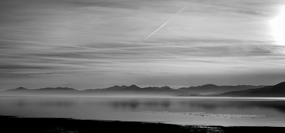 grayscale photo of body of water, lake, landscape, nature, greyscale HD wallpaper
