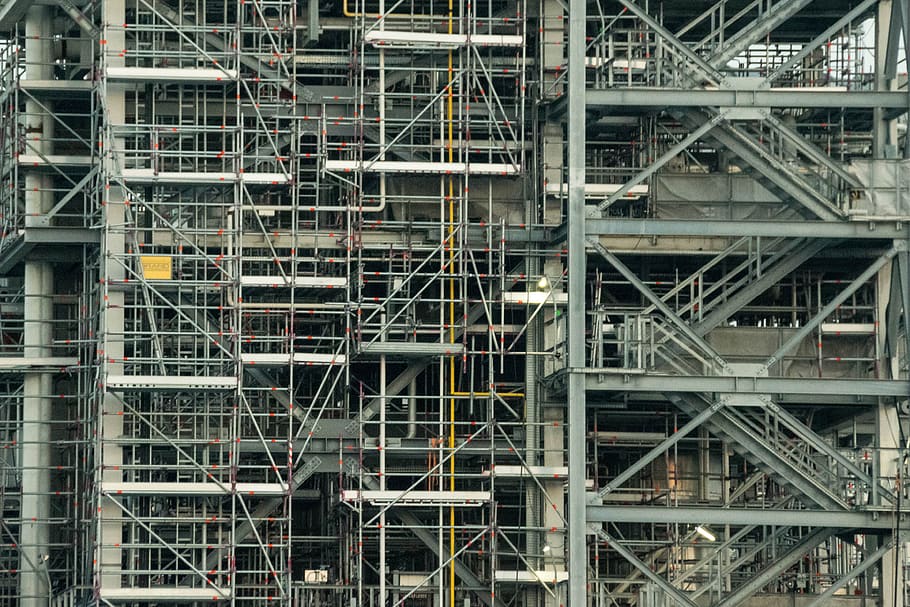 industry, scaffolding, lines, metal, architecture, built structure HD wallpaper