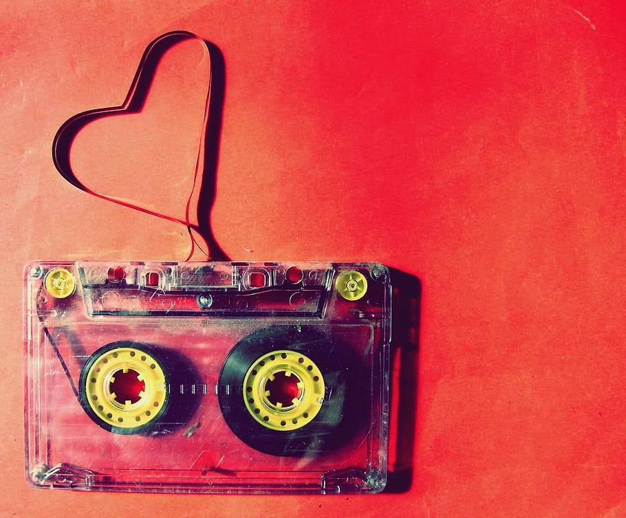 red and black cassette tape, music, disc, old-fashioned, retro styled, HD wallpaper