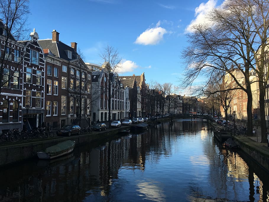 Amsterdam, Holland, Bike, Channels, netherlands, wharf, houses, HD wallpaper