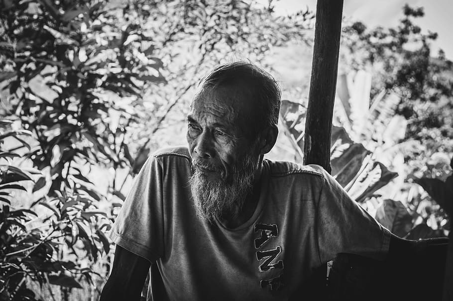 grey-scale photo of man, male, old, beard, elderly, one person HD wallpaper