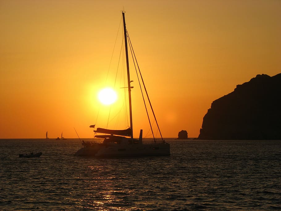 white boat floating on body of water, catamaran, sunset, greece HD wallpaper