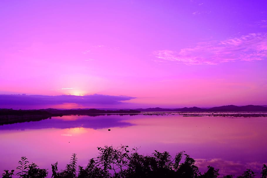 pink, sky, clouds, mountain, sea, ocean, reflection, nature HD wallpaper