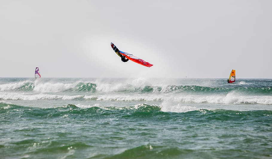 windsurfing, back loop, waves, jump, sport, motion, water, leisure activity, HD wallpaper