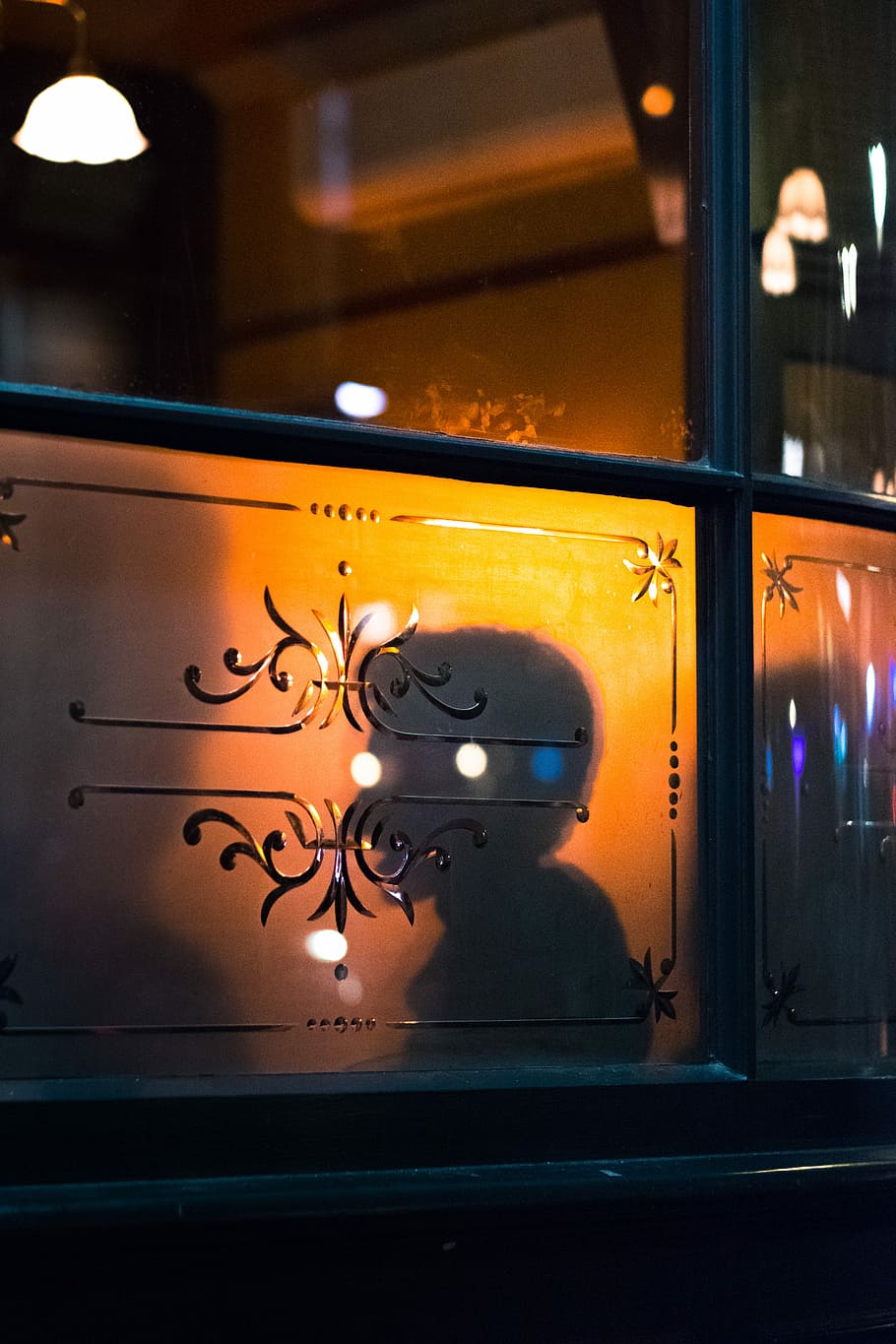 brown wooden dressser, person inside the restaurant, silhouette through window HD wallpaper