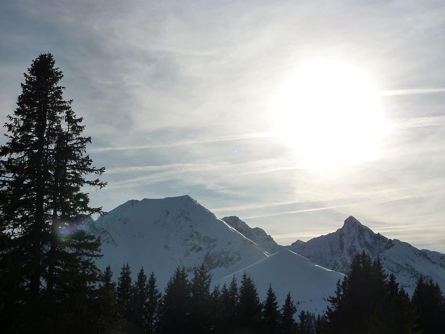 mountains, wintry, winter, alpine, sun, back light, sky, gantrisch mountain HD wallpaper