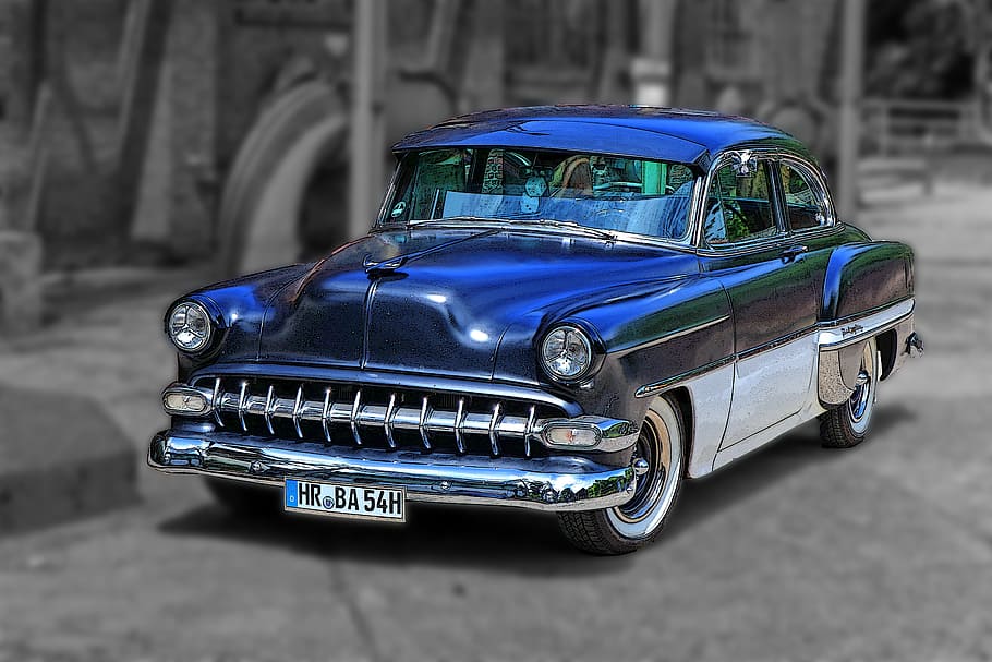 selective color photography of vintage blue and white coupe, auto, HD wallpaper