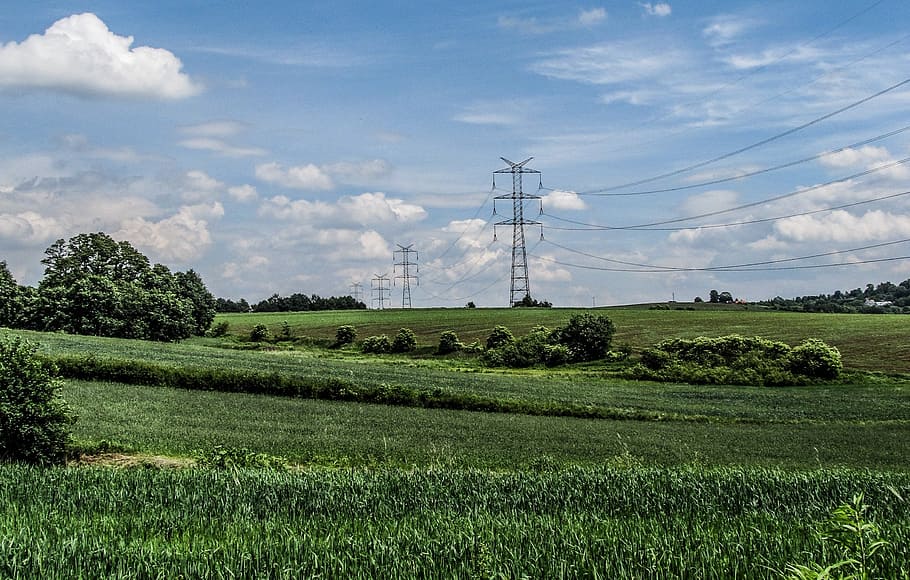 cloud, sky, high voltage lines, landscape, electricity, field HD wallpaper