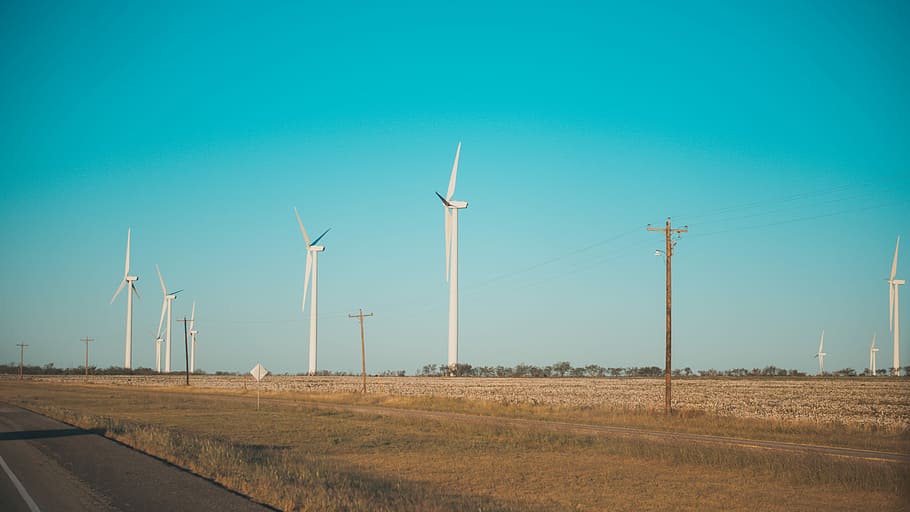 white windmills near asphalt road, landscape photo of windmills HD wallpaper