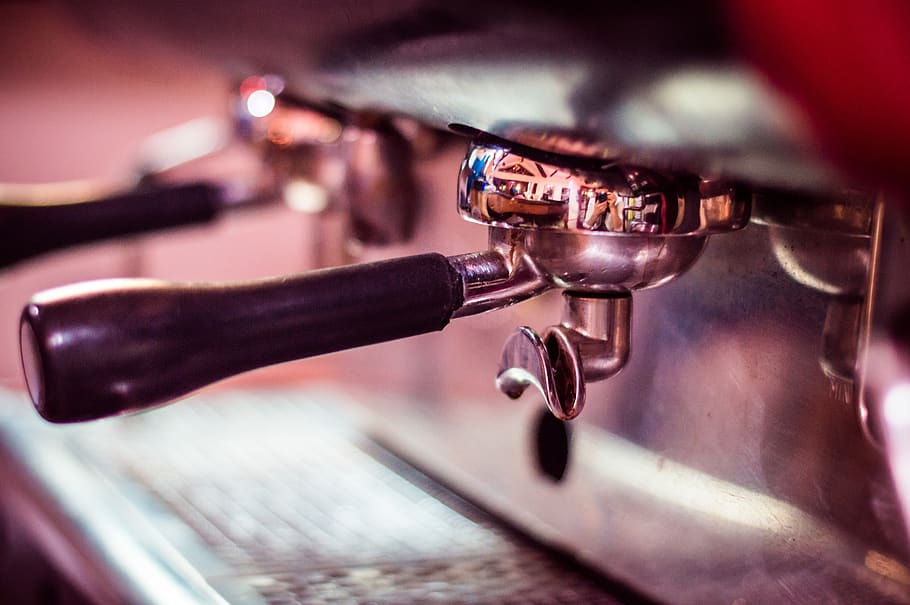 coffee machine, espresso, close-up, indoors, metal, machinery HD wallpaper