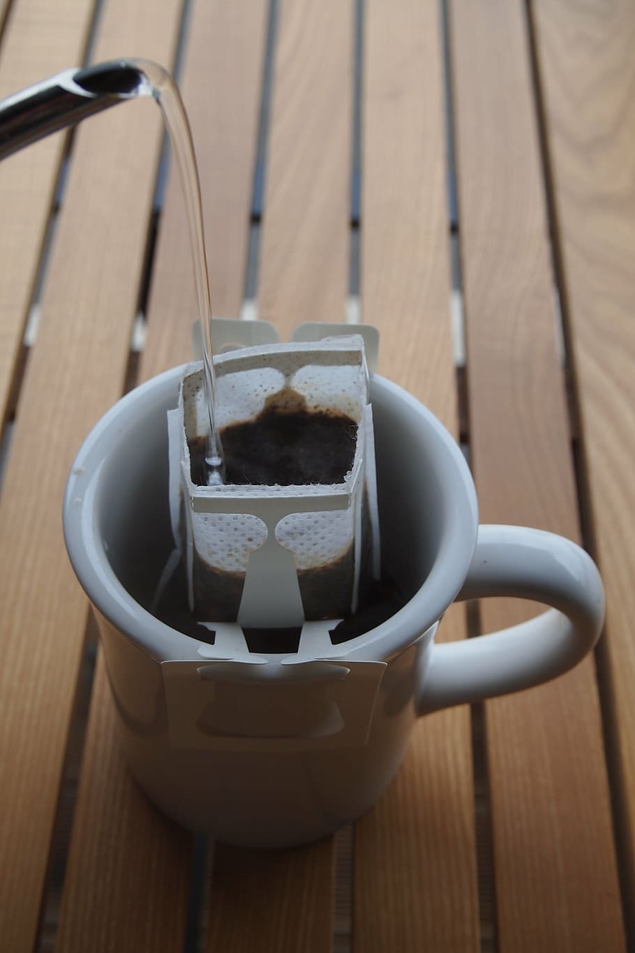 white ceramic mug filled with liquid, a drip bag, coffee, restaurant HD wallpaper