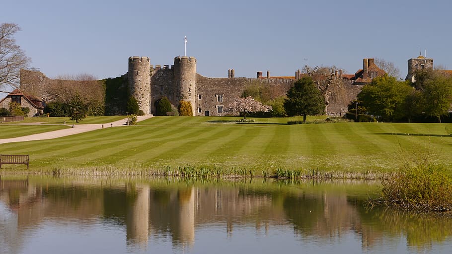 water, architecture, castle, reflection, river, grass, plant HD wallpaper