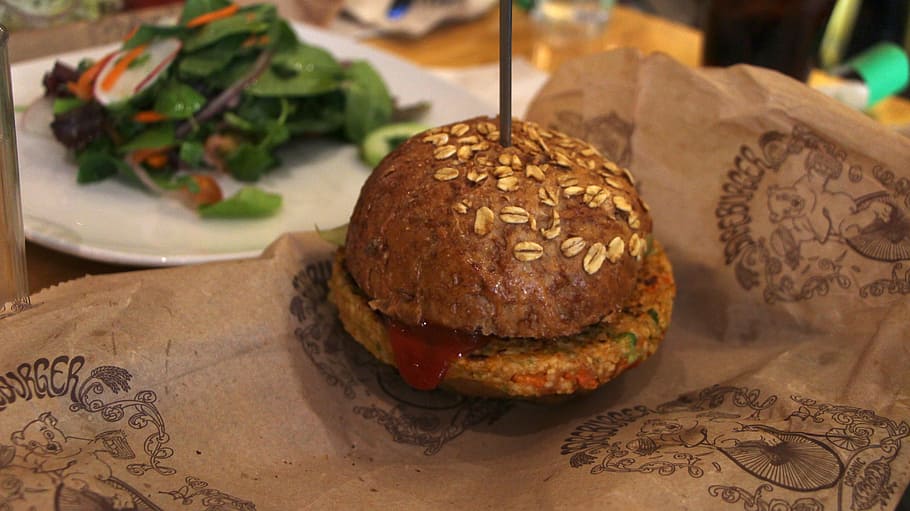 burger, veggie, salad, food and drink, freshness, table, indoors HD wallpaper