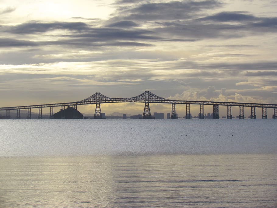 sunset, bridge, water, river, sky, clouds, tranquil, reflection HD wallpaper