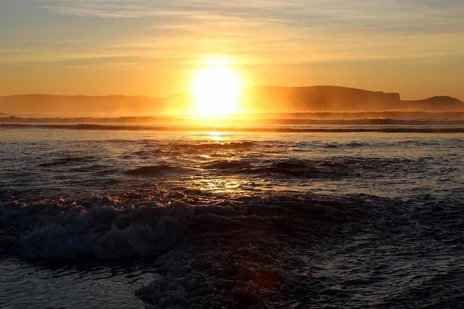 sunrise, sea, beach, wave, water, morgenstimmung, nature, sunset HD wallpaper