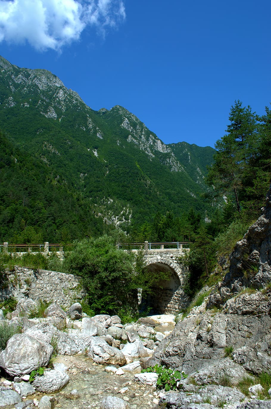mountain, bridge, landscape, river, sky, water, nature, historically HD wallpaper