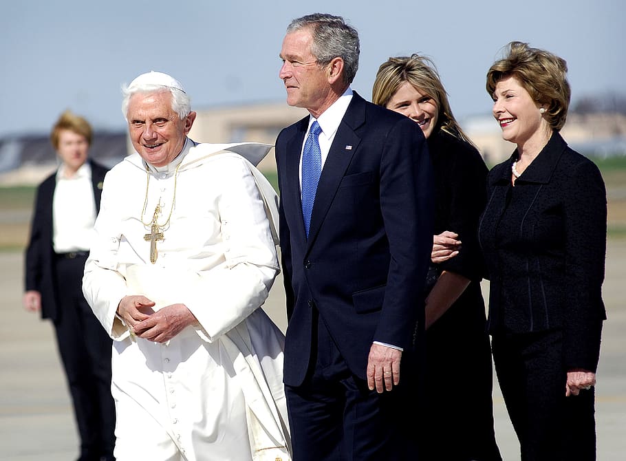 Pope with man wearing blue suit jacket, pope benedict xvi, president george bush
