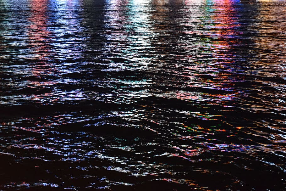 wave, colors, reflection, water, evening, night, river, light HD wallpaper