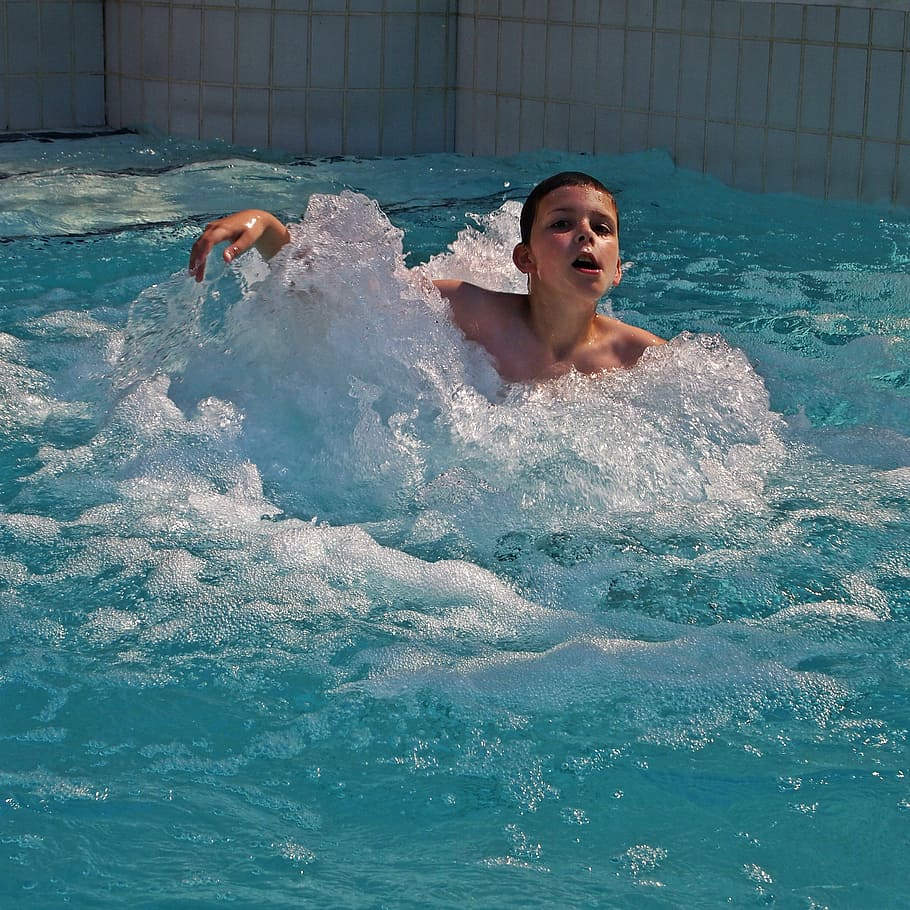 boy, unconcernedly, merry, water, play, blue, swimming, chlorine HD wallpaper