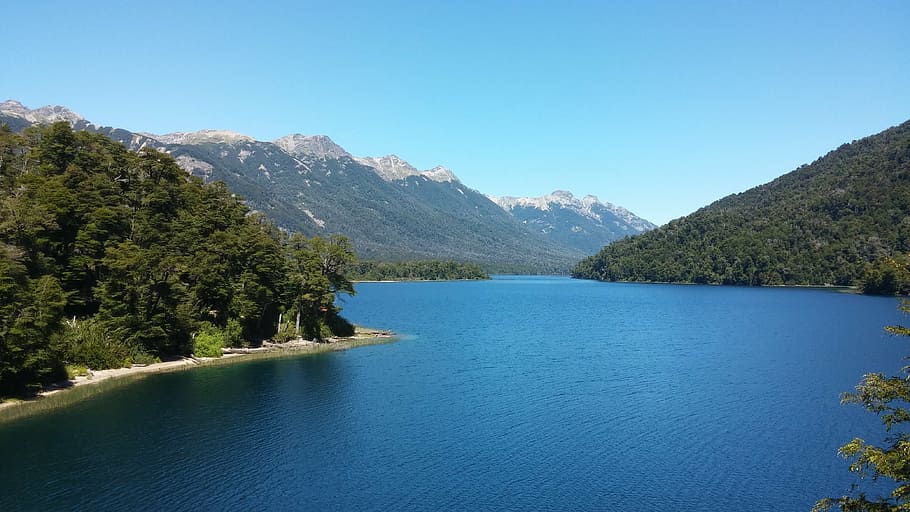 mountains, lake, view, landscape, snowy, water, tree, plant HD wallpaper