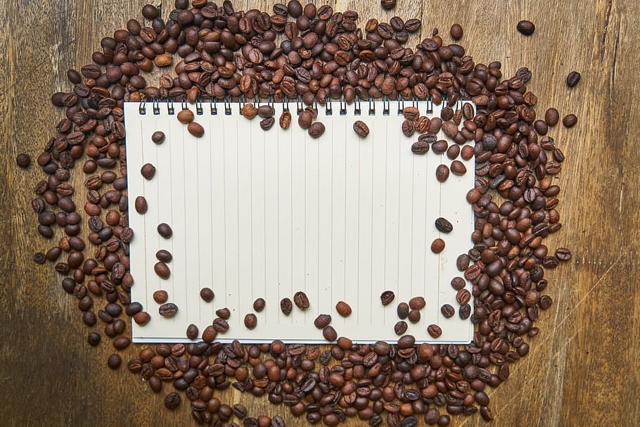 ruled notebook in the middle of coffee beans, core, background HD wallpaper