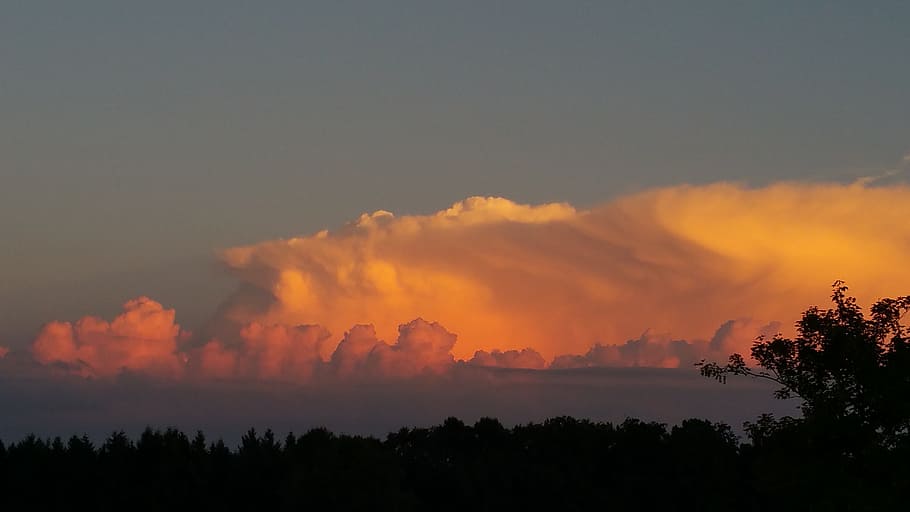 abendstimmung, clouds, romantic, afterglow, twilight, trees HD wallpaper