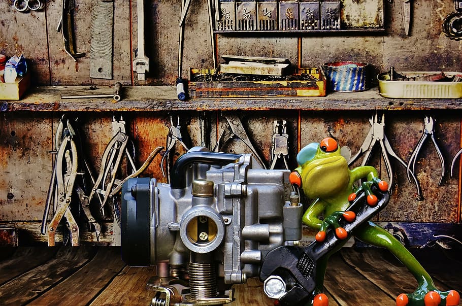 workshop, mechanic, frog, figure, funny, industry, metal, indoors HD wallpaper