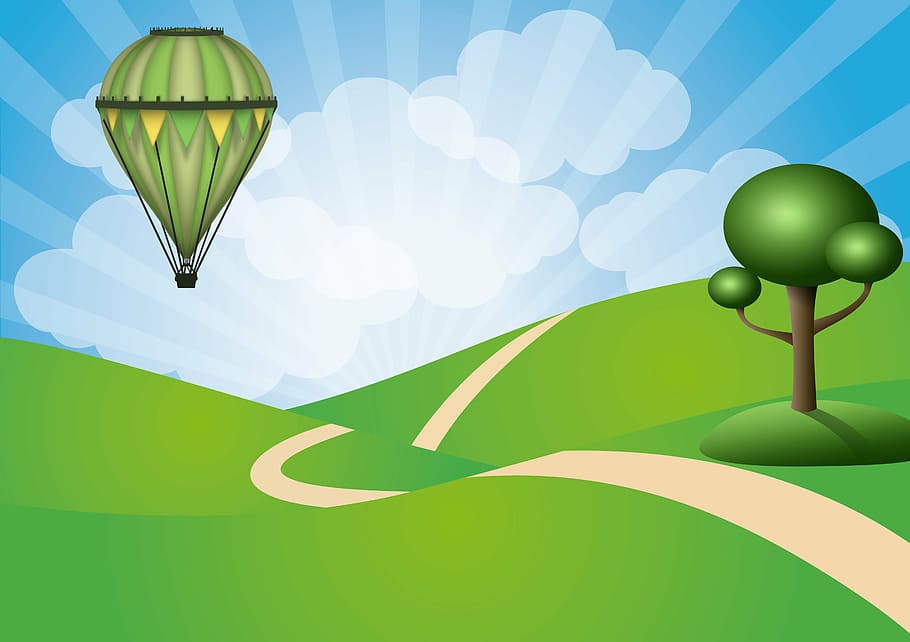 balloon, clouds, tree, green, fly, air, sun rays, clear blue sky HD wallpaper