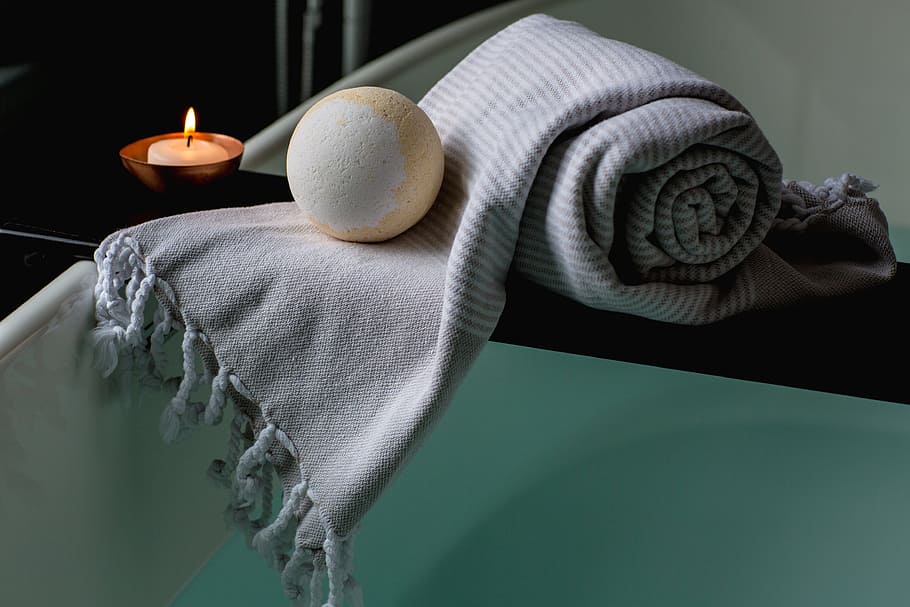 white and yellow ball on gray scarf, bath, bombs, spa, beauty HD wallpaper