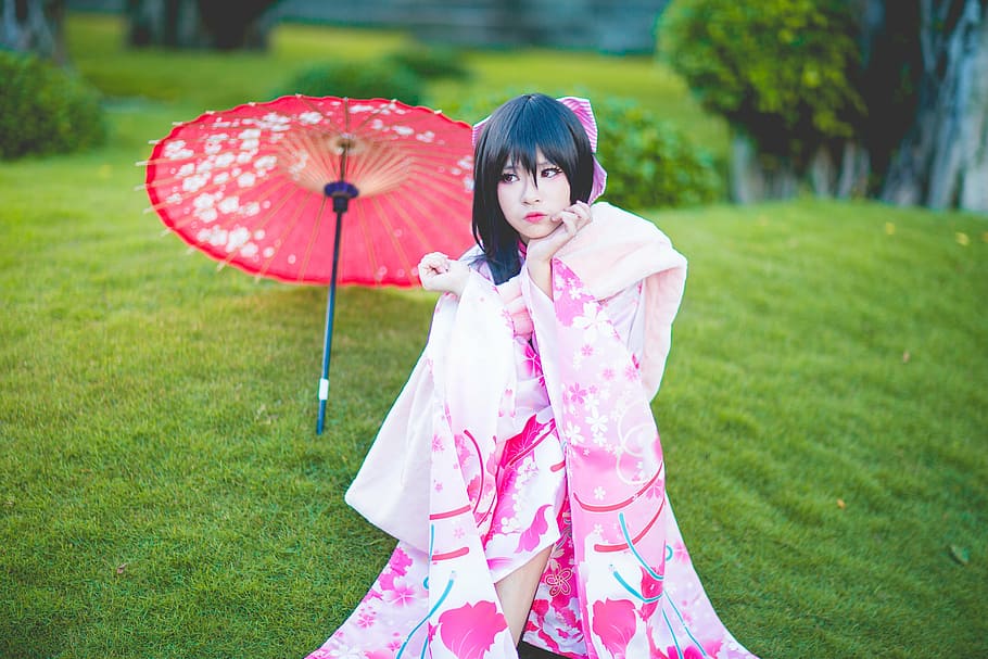 woman wears pink and white floral kimono, girl, japanese, female