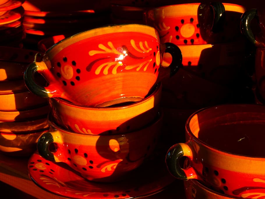 orange-and-black floral ceramic teacups, pot, pots, fragile HD wallpaper