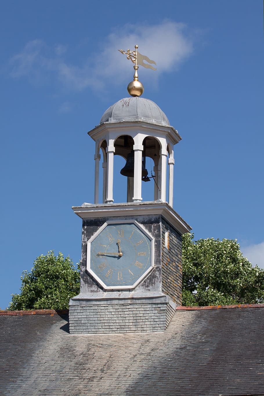 Turret, Columnar, Clock, about, octagonal, pointer, gold, roman numerals