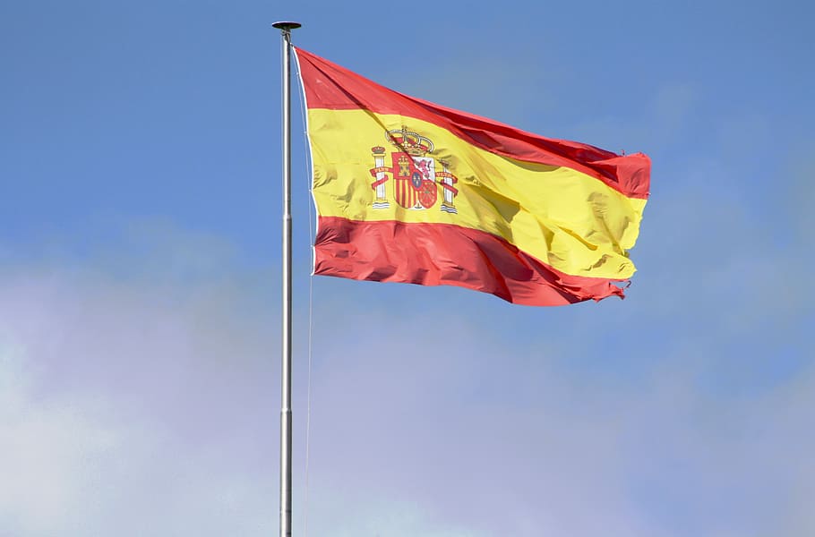 raised red and yellow flag, spain, mast, sky, coat of arms HD wallpaper