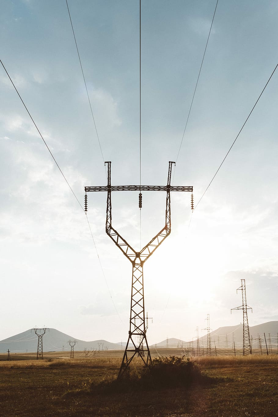electric post, photo of network tower on grass field, pylon, cable HD wallpaper