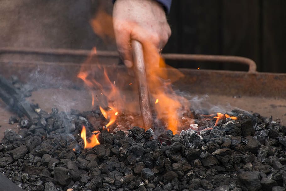 smith, fire, metallurgy, coal, burning, one person, flame, heat - temperature