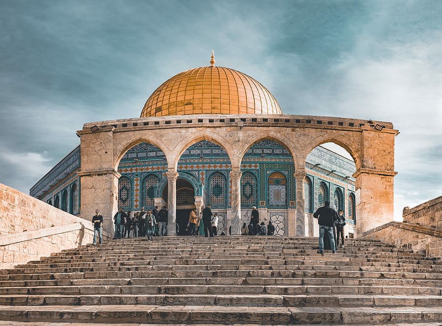 orange and blue dome mosque, photo of people walking towards temple HD wallpaper