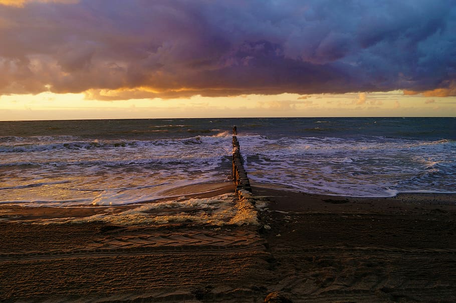 waters, sunset, sea, dusk, sky, beach, cloud - sky, land, horizon over water HD wallpaper