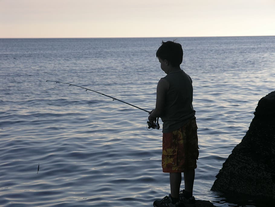 boy holding fishing rod, male, child, leisure, outdoors, kid, HD wallpaper