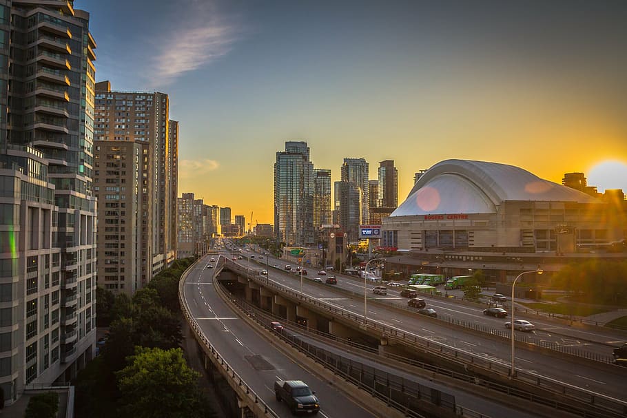 grey and black city skyline, rogers centre, arena, canada, toronto, HD wallpaper