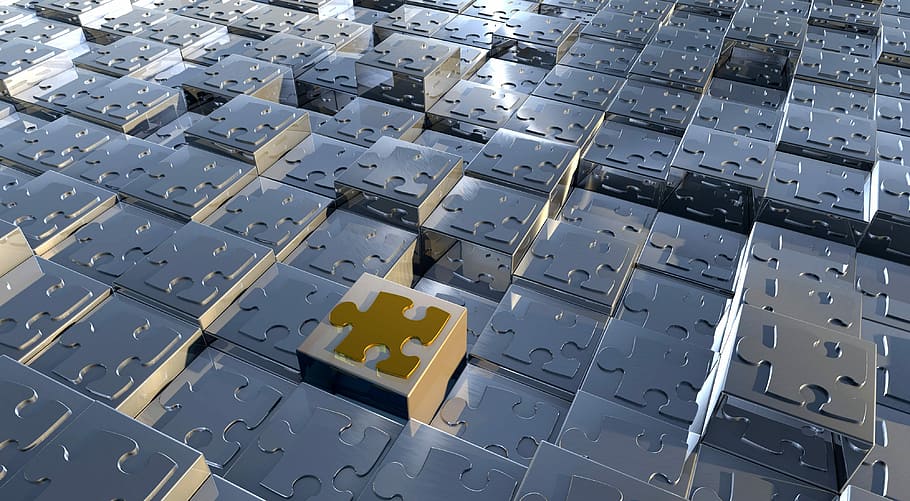 silver and gold jigsaw puzzle digital wallpaper, cubes, geometry, HD wallpaper