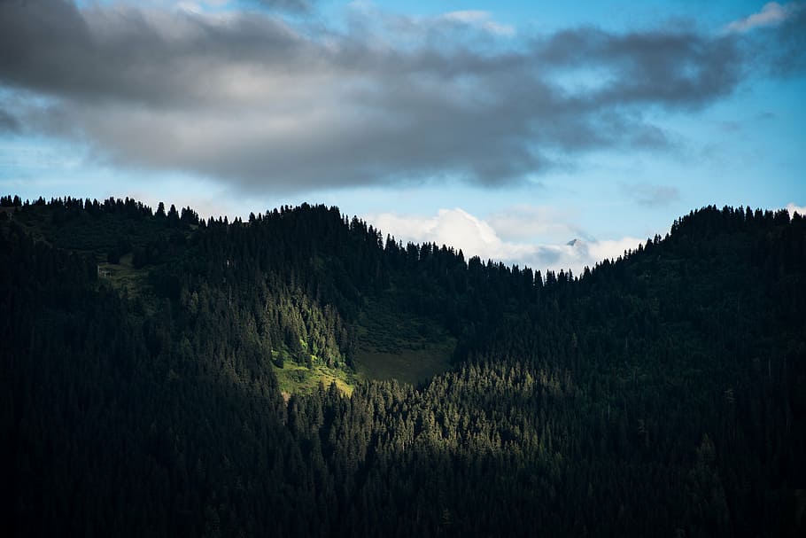 aerial photo of mountains with green leaf trees under blue and white sky HD wallpaper